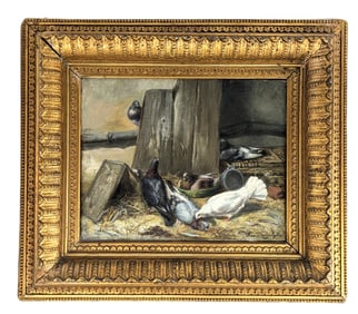 Marie Van Den Eycken (19th Century) Belgian, Oil on Board "Pigeons in the Stall"