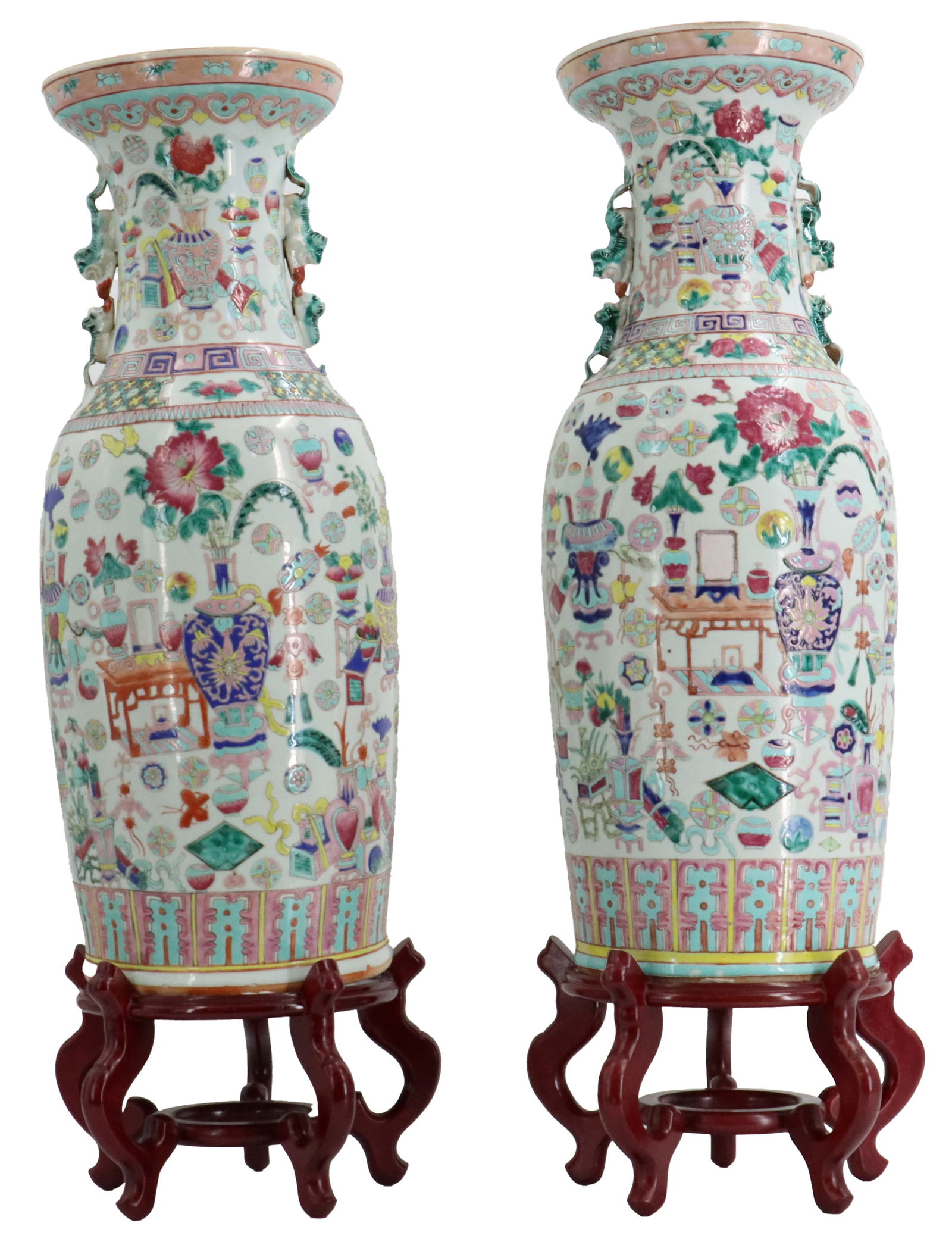 Pair of Qing Dynasty Famile Rose Superbly Decorated Porcelain Vases: Pair of Qing Dynasty Famile Rose Superbly Decorated Porcelain Vases. With COAs. Features a vibrant "mandarin" palette, decorated with elaborate scenes of courtly figures within various medal