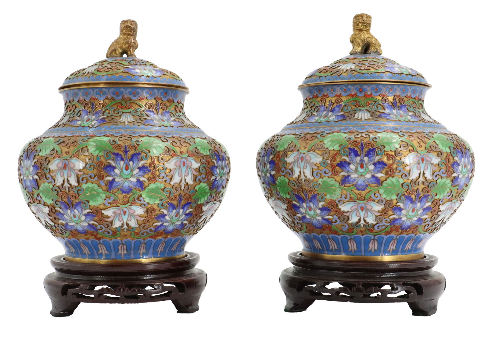 (2) Chinese Cloisonne Lidded Ginger Jars on Wooden Stands (1 of 18)
