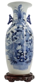 Chinese Blue and White Porcelain Vase on Carved Wooden Stand