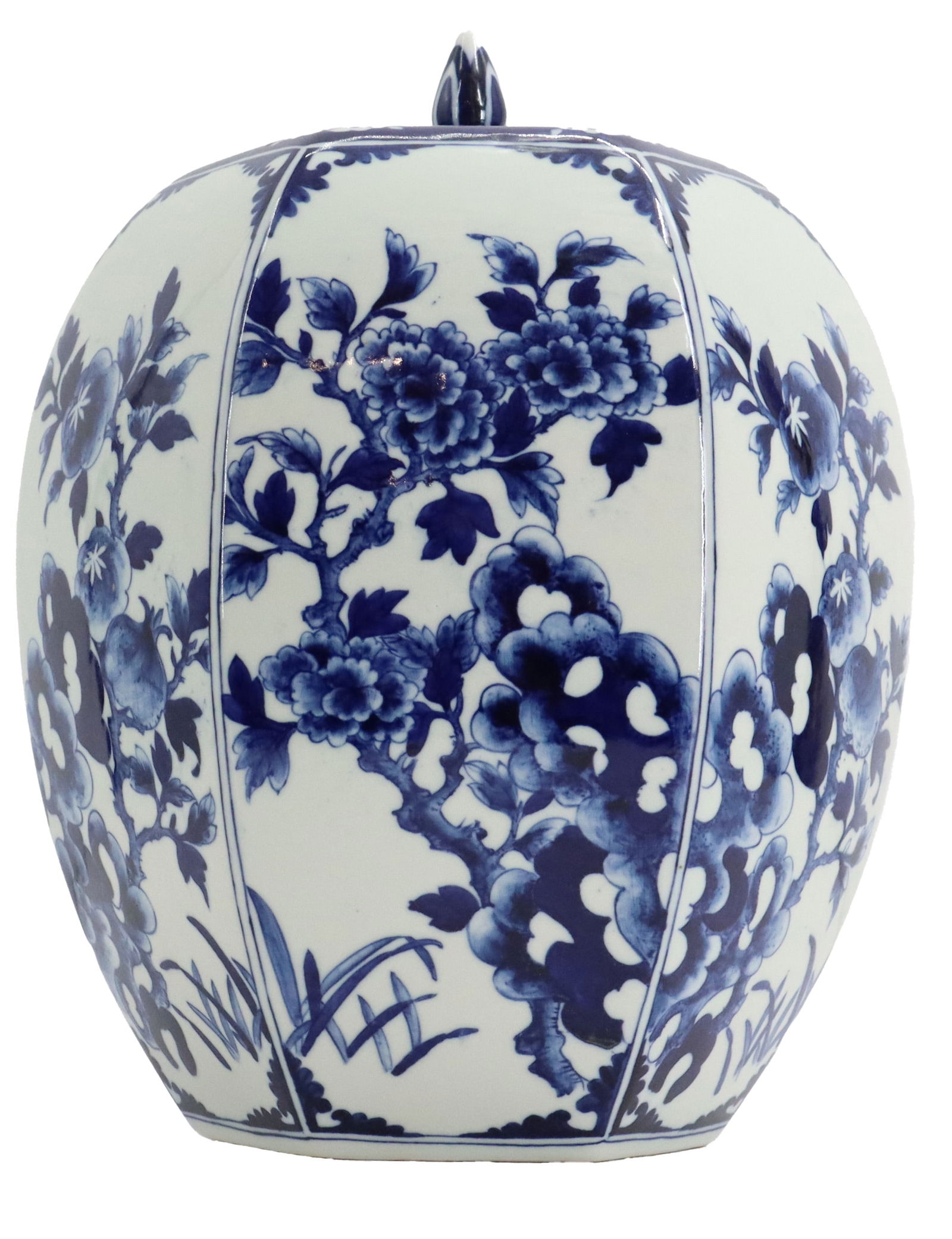 Chinese Ming Style Tozai Ya Hua Garden Blue and White Porcelain Ginger Jar: Chinese Ming Style Tozai Ya Hua Garden Blue and White Porcelain Ginger Jar. This hexagonal blue and white porcelain ginger jar features hand-painted floral and rock motifs within vertical panels.