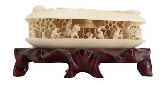Chinese Qing Dynasty Intricately Carved Clam Shell Carving of a Village, "The Clam's Dream"