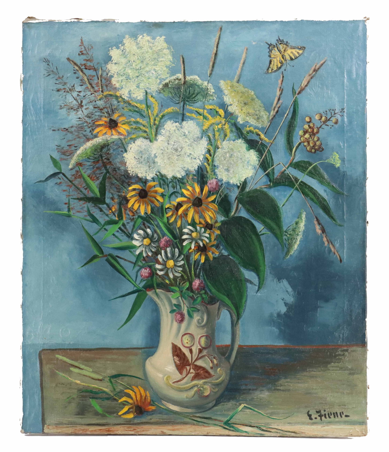 Ernest Fiene (1894–1965) American, Oil on Canvas Floral Still Life "Wild Flowers": Ernest Fiene (1894–1965) American, Oil on Canvas Floral Still Life "Wild Flowers". Oil painting by Ernest Fiene features a rustic bouquet of wildflowers, including Queen Anne's Lac