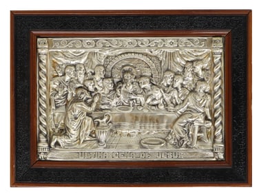 Spanish Pewter-Tone Metal Bas Relief of The Last Supper "Ultima Cena de Jesus"