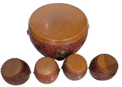 Unique Chinese Lacquered Coromandel Style Drum Coffee Table with (4) Stools Inside
