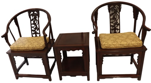 Pair of Chinese Hardwood Horseshoe Back Armchairs & Complementary Side Table.