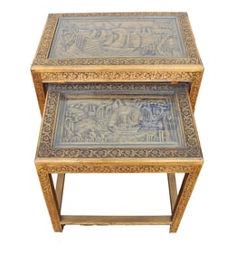 (2) Chinese Carved Wood and Glass Top Nesting Tables