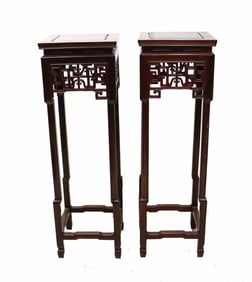 (2) Chinese Carved Rosewood Plant Stands with Key Design