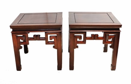 (2) Chinese Carved Rosewood Side Tables with Key Apron Pattern