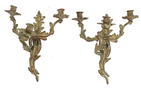 Pair of Antique French Louis XV Style Three Candle Bronze Wall Sconces