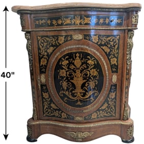 French Napoleon III Style Marble Top Lacquered Wood And Marquetry Boulle Cabinet