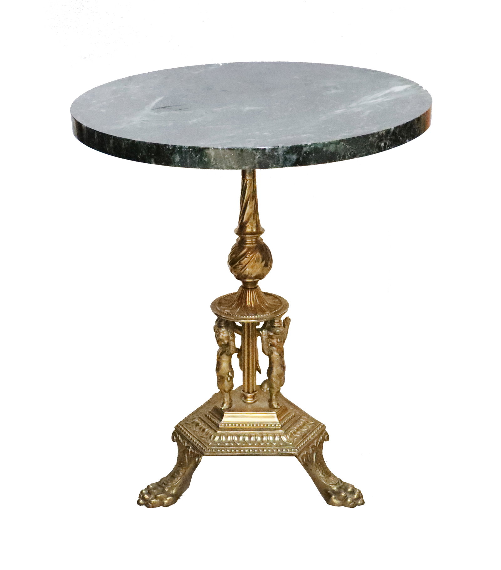 Brass and Marble Ornate Side Table: Brass and Marble Ornate Side Table. Features a circular, polished green marble top. Fluted central pedestal supported by three sculptural figures. Completed by a tripod base with intricate scrollwork