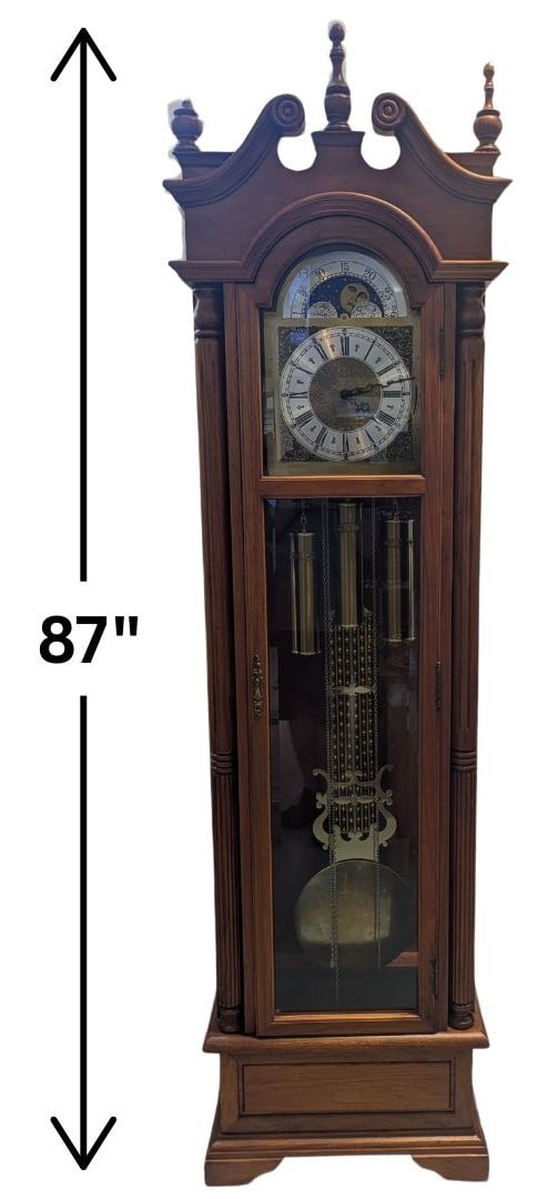 German Style Lunar Date, Moon Display Grandfather Clock: German Style Lunar Date, Moon Display Grandfather Clock. Has 3 counterweights and chimes. Large glass panels help display the inner workings in a tasteful manner. Moon Phase Display: The rotatin