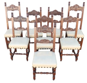 (8) Spanish Colonial/Italian Carved Walnut Chairs
