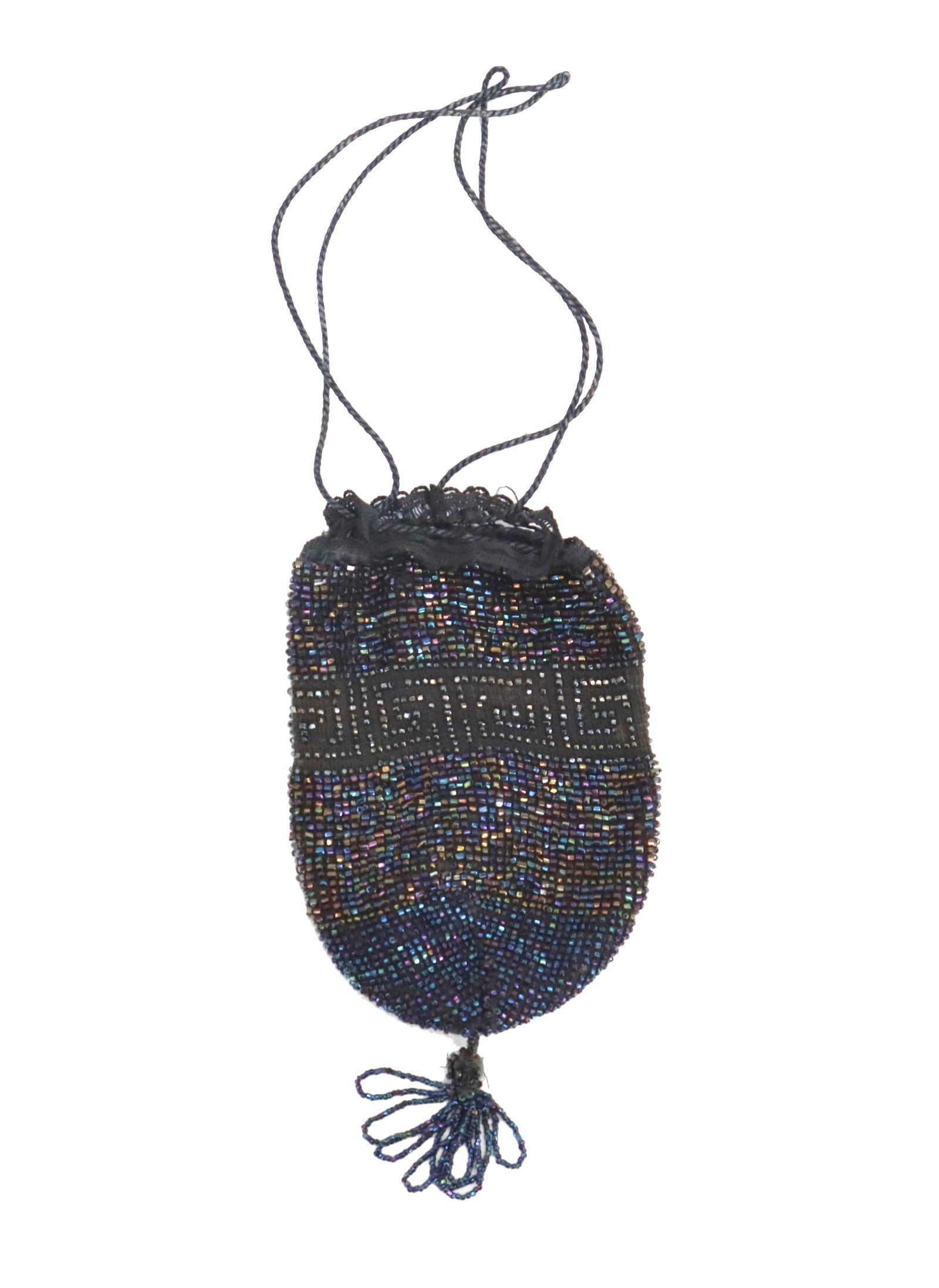 Antique German Iridescent Beaded Handbag: Antique German Iridescent Beaded Handbage. Antique drawstring purse or pouch with a rounded bottom, completely covered in densely sewn, shimmering iridescent glass seed beads. The pouch closes with a