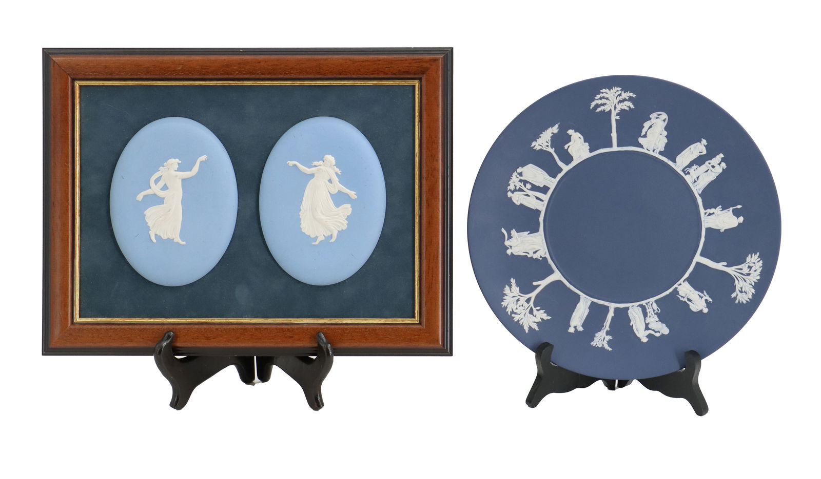 (2) Wedgwood Pottery Jasperware Decoration: (2) Wedgwood Pottery Jasperware Decoration. Lot of two Wedgewood Jasperware items, including decorative plate and plaque with two classical figures. Largest Size: 9 1/2 x 12 3/4 in. Wedgwood Ja