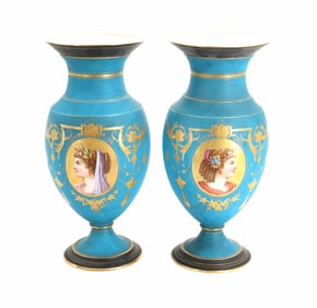 (2) Neoclassical Matte Blue Cameo Vases