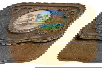 Antique French Gilt Bronze Jewelry Box with Porcelain Miniature Painting in Lid