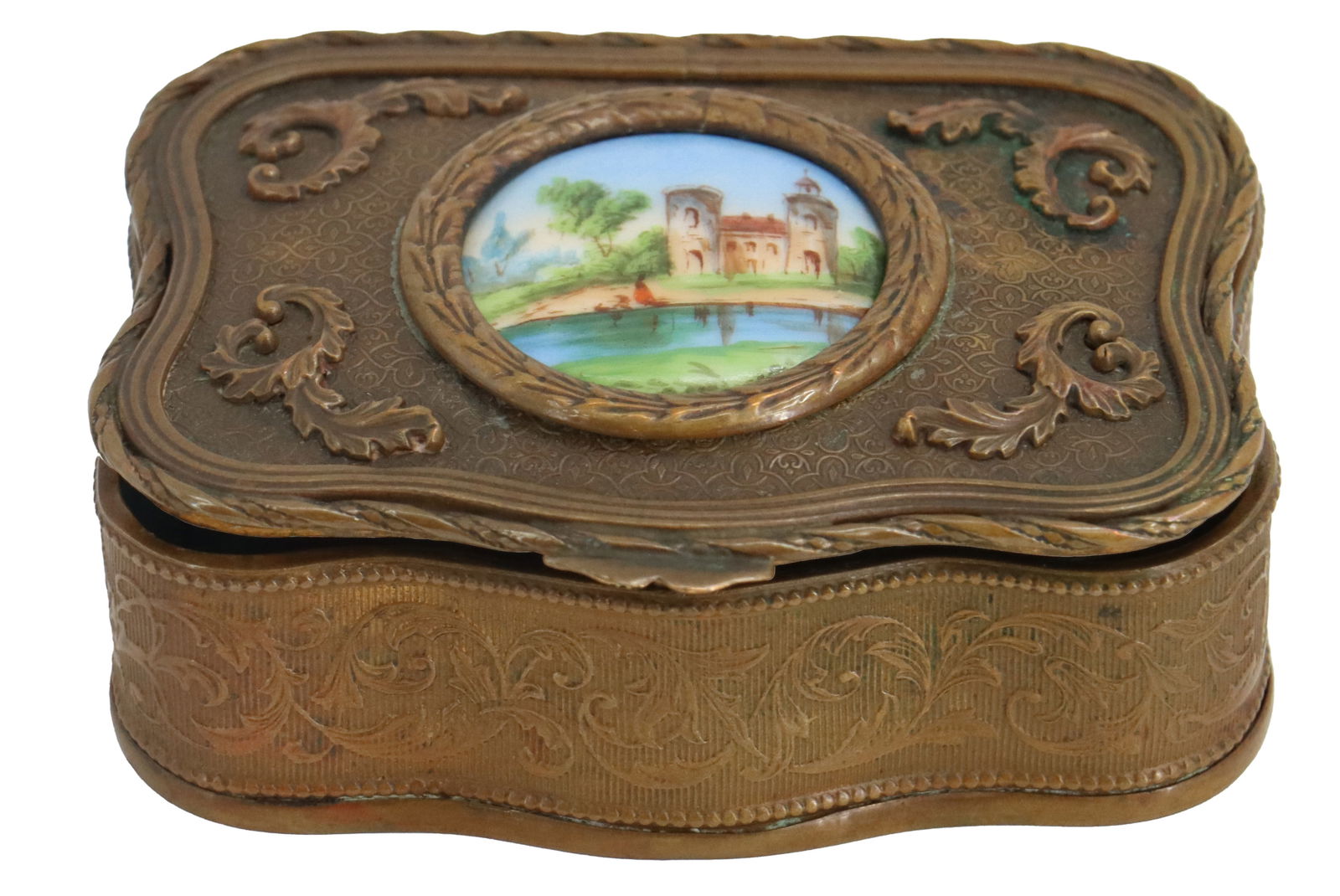 Antique French Gilt Bronze Jewelry Box with Porcelain Miniature Painting in Lid (1 of 13)