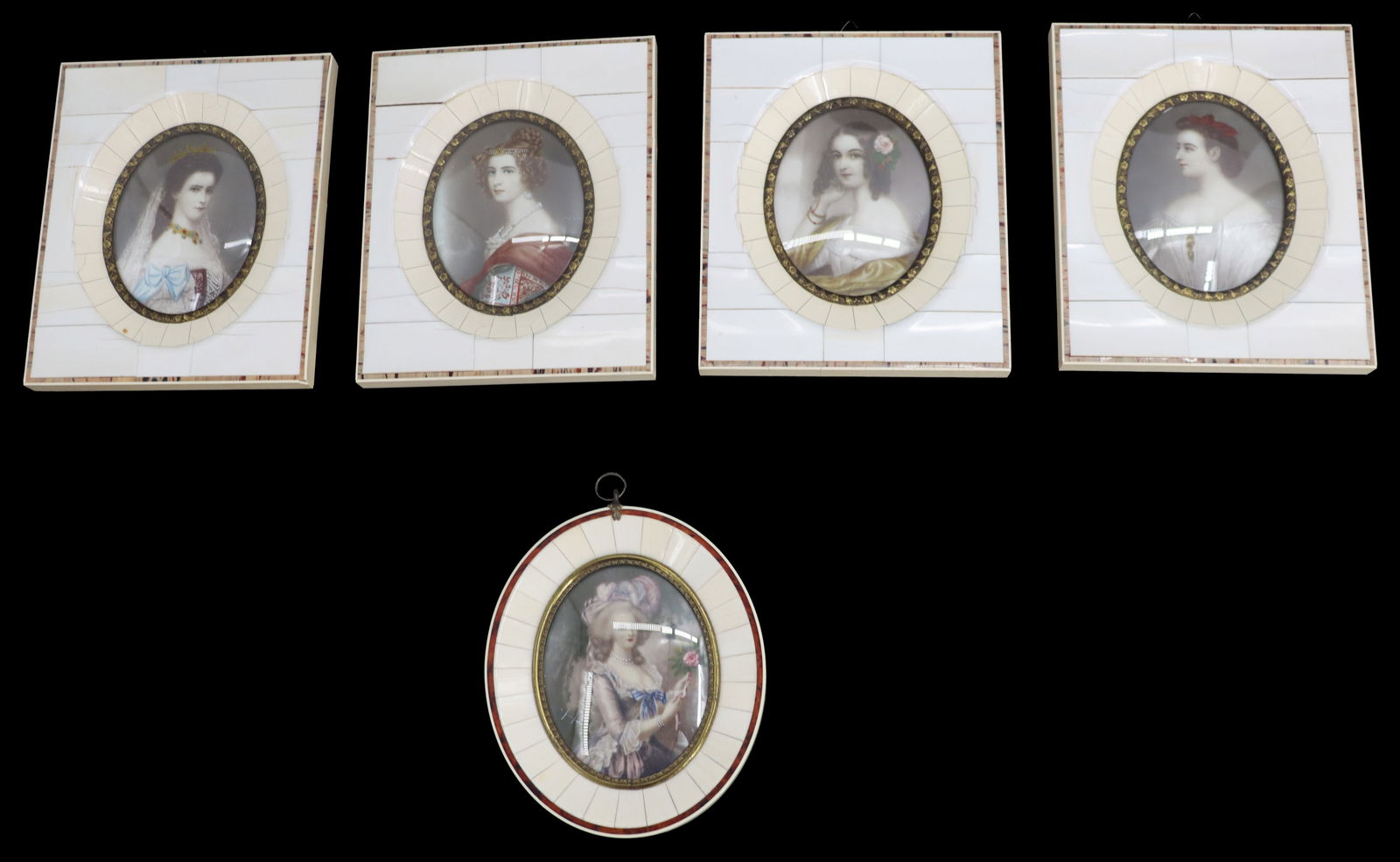 (5) Framed Miniature Female Portraits: (5) Framed Miniature Female Portraits. Name of each subject on the back. Four of the portraits are set within square frames composed of bone rectangular pieces, which form a circular openin