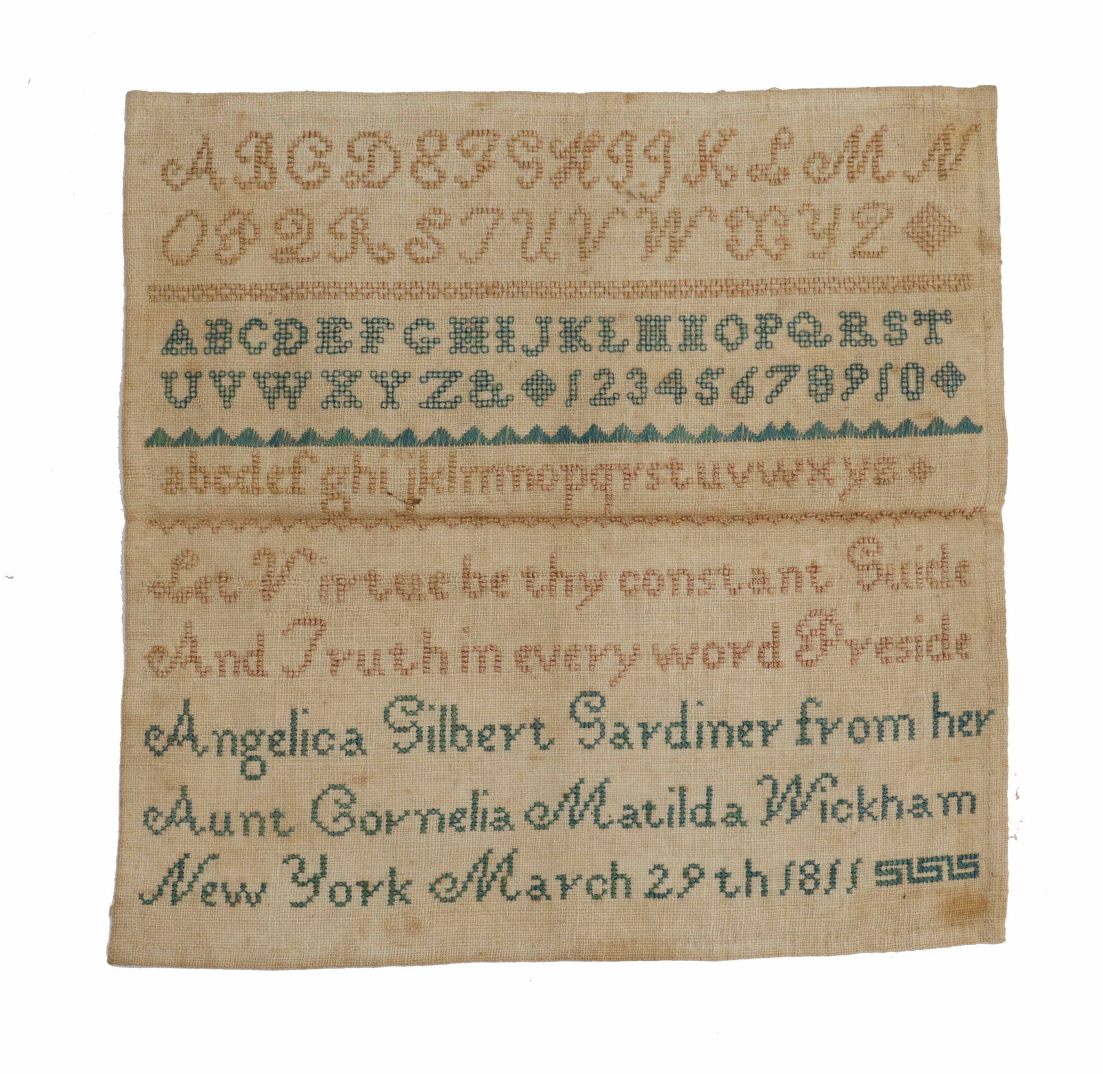 1811 American Needlework Sampler: 1811 American Needlework Sampler. "Angelica Gilbert Gardiner from her Aunt Cornelia Matilda Wickham New York March 29, 1811". Size: 8 1/4 x 8 1/4 in. 
