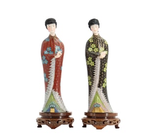 (2) Vintage Chinese Cloisonne on Wood Courtesan Statues