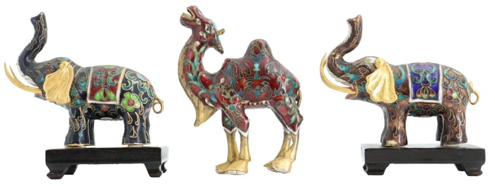 (3) Chinese Cloisonne Animals - Elephants and Camel