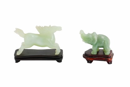 (2) Chinese Carved Jade Figurines - Horse and Elephants