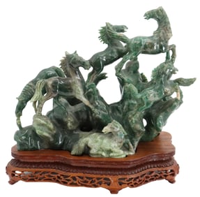 Chinese Carved Jade Horses on Stand