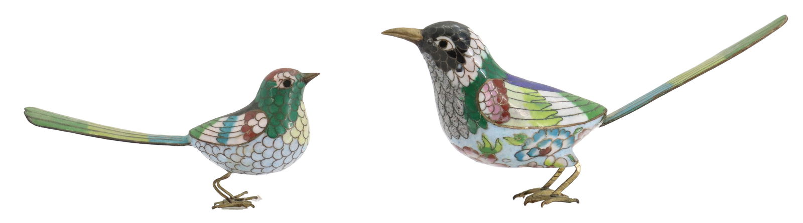 Pair of Cloisonne Bird Figures: Pair of Cloisonne Bird Figures. The larger bird has a dark head, green and pink wings, and an extended, thin tail, standing on delicate metal feet, while the smaller bird is similarly stylized wi