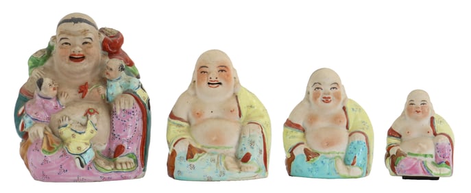 Set of (4) Chinese Porcelain Laughing Buddhas