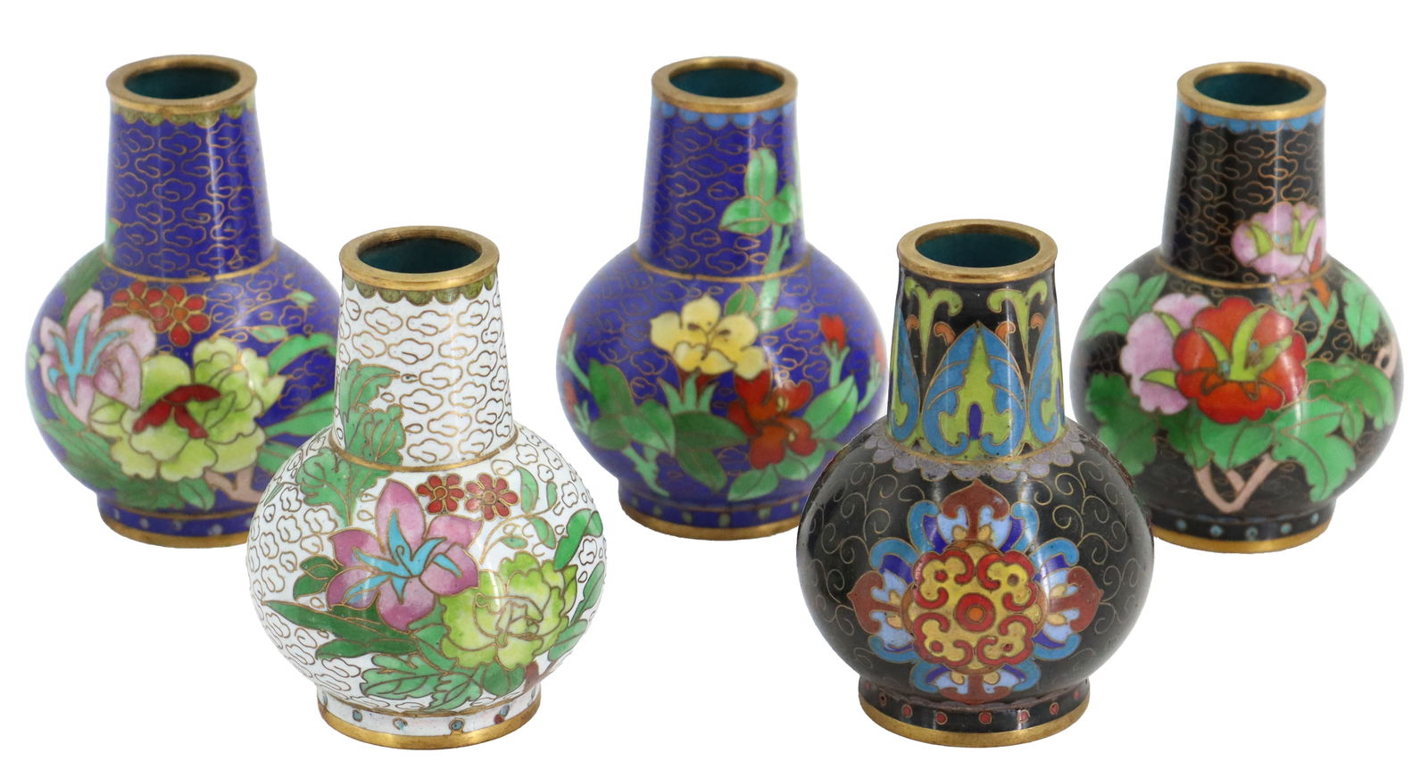 (5) Miniature Cloisonne Vases: (5) Miniature Cloisonne Vases. Each have different designs. Two have cobalt blue background, two have a black background, and one has a white background. Bottle form. Size: 2 x 2 x 2 3/4 in