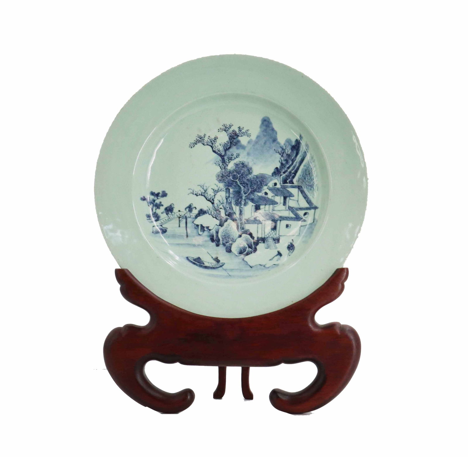 Monumental 18th/19th Century Qing Dynasty Shallow Charger with Four-Character Reign Mark: Monumental 18th/19th Century Qing Dynasty Shallow Charger with Four-Character Reign Mark. The hand-painted decoration depicts traditional Chinese architecture nestled in a mountainous river valley, co