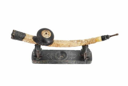 Antique Chinese Scrimshaw Bone Opium Pipe with Wood Stand and Metal Fittings
