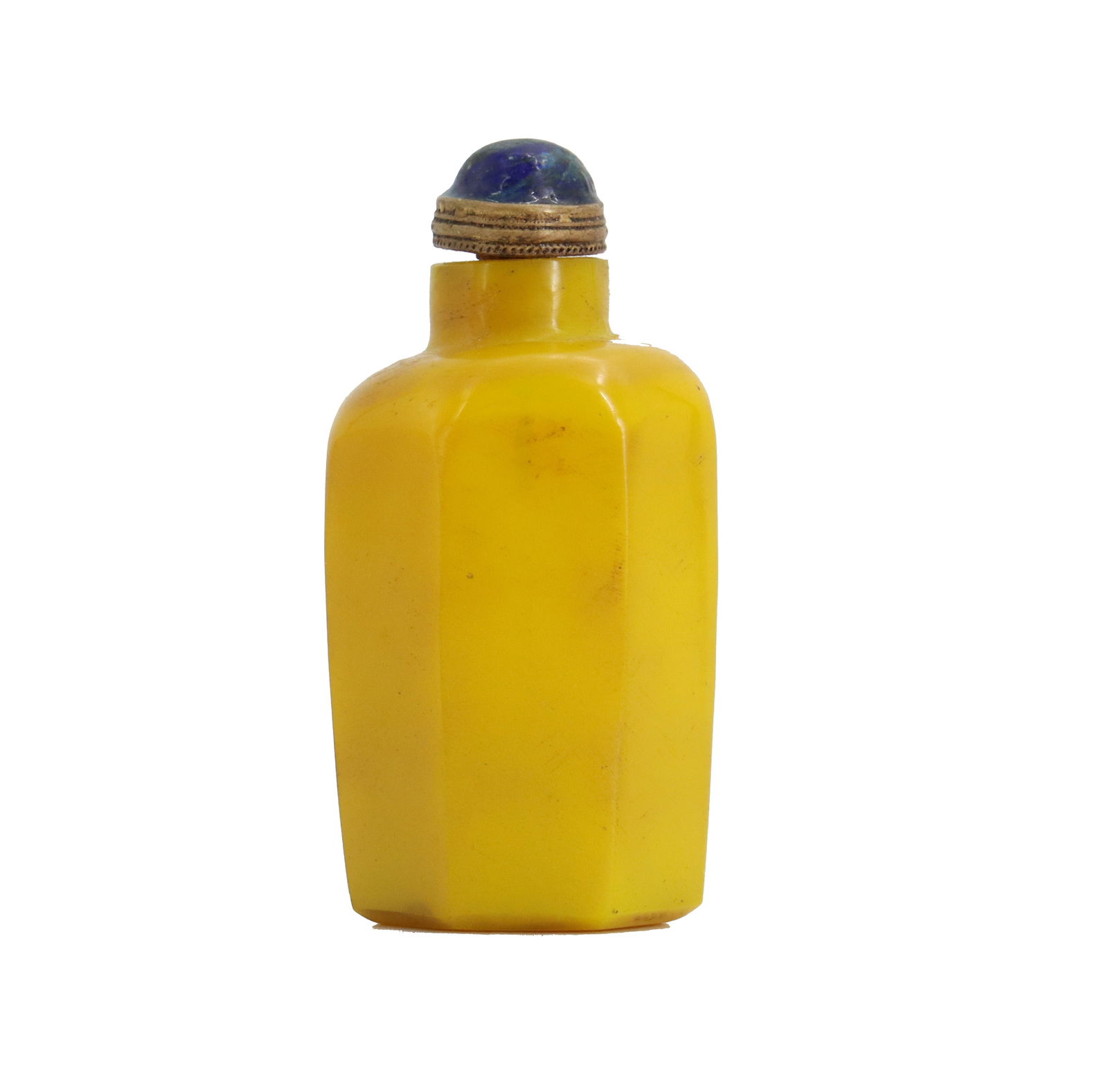 Unique Heptagonal Chinese Imperial Yellow Stone Snuff Bottle with Blue Stopper (1 of 11)