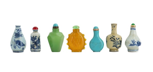 (7) Vintage Chinese Snuff Bottles in Various Materials and Shapes