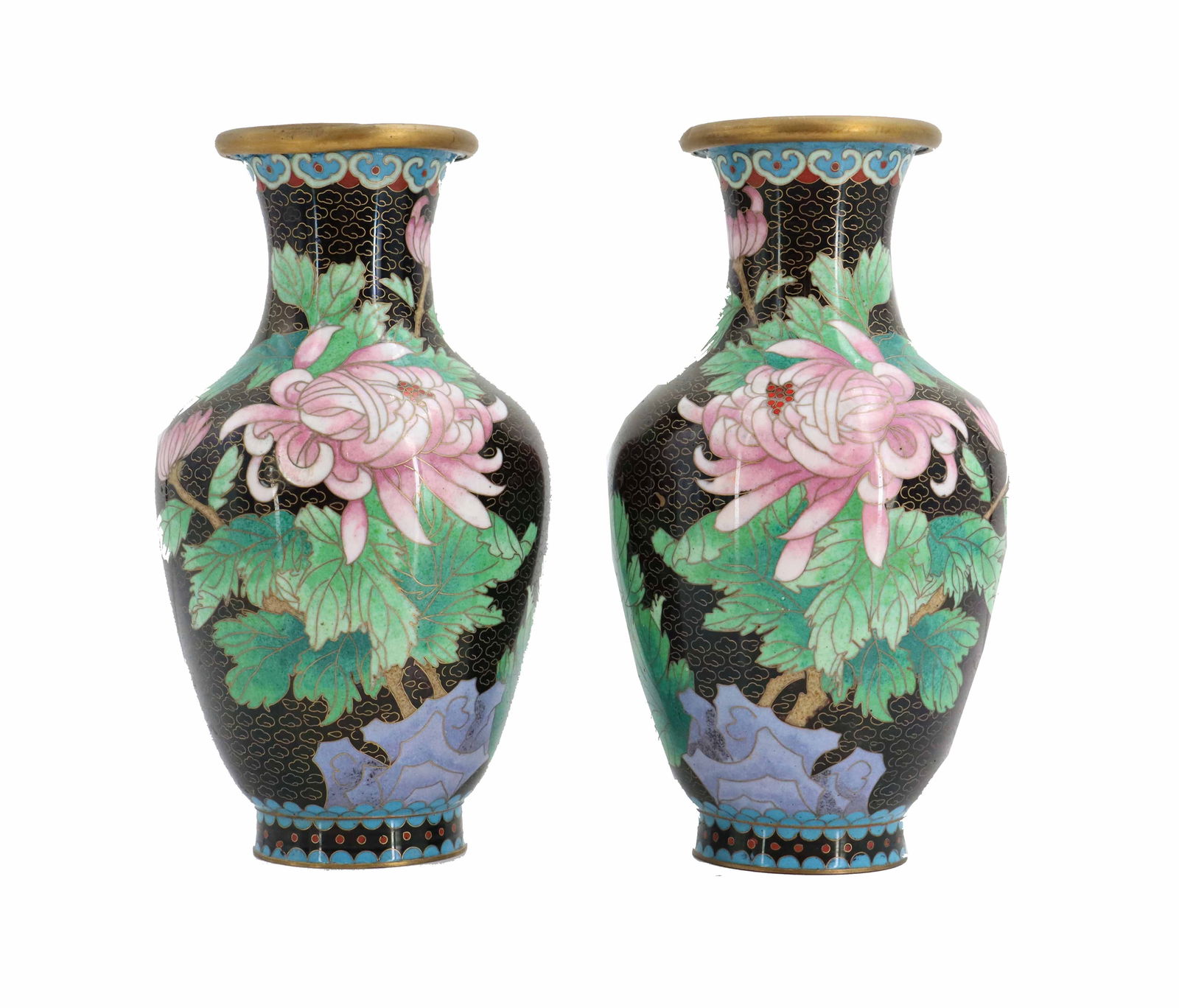 Pair of Chinese Cloisonne Vases: Pair of Chinese Cloisonne Vases. The design showcases large, vibrant pink chrysanthemums set against a black background with a fine gold-toned wire pattern known as a "cloud" or "s