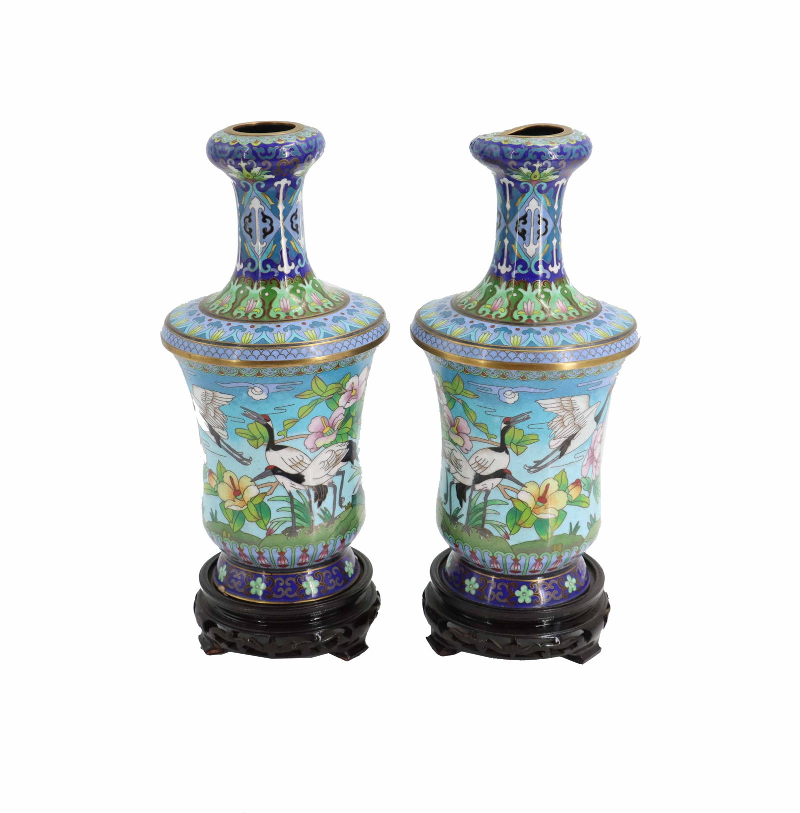 (2) Pair of Mid-Century Chinese Cloisonne Enameled Porcelain Vases on Wood Stands: (2) Pair of Mid-Century Chinese Cloisonne Enameled Porcelain Vases on Wood Stands. This is a pair of cloisonné enamel garlic-head vases on wooden stands, featuring a central scene of white cran