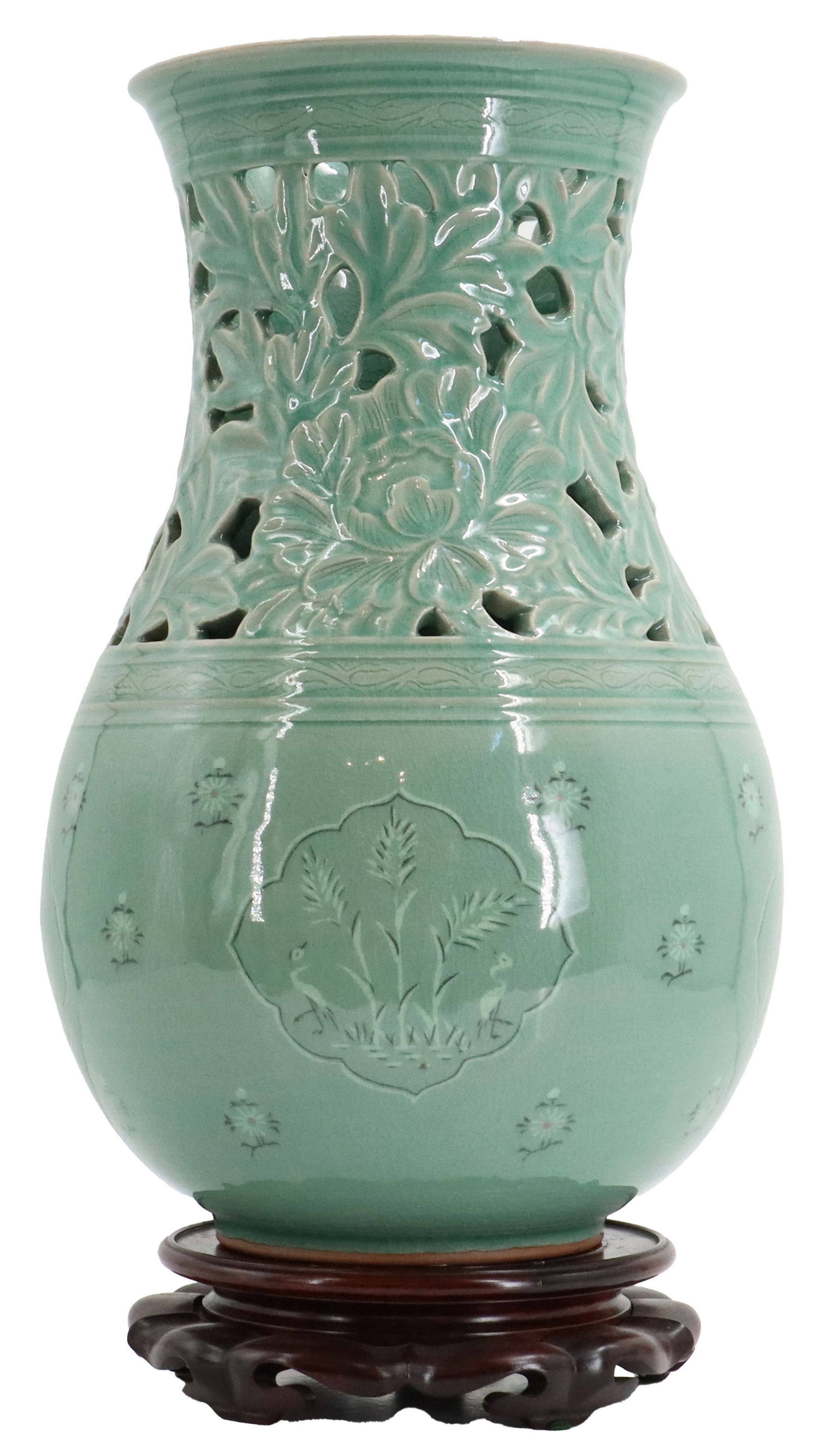 Fantastic Korean Celadon Inlaid Openwork Vase On Carved Wooden Stand: Fantastic Korean Celadon Inlaid Openwork Vase On Carved Wooden Stand. Solid bottom half with delicate leaf and flower paintings, and the top half intricately patterned with flowers and openings betwee