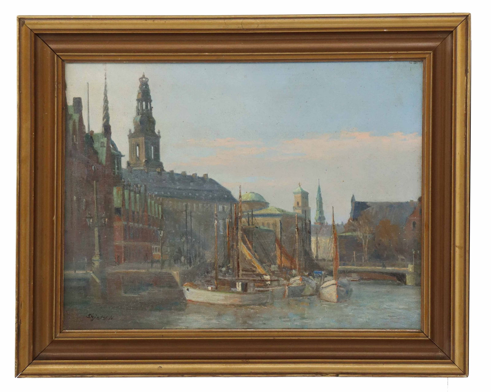 Skjold Nielsen, 19th/20th Century Danish, Oil on Canvas Painting of Copenhagen Harbor: Skjold Nielsen, 19th/20th Century Danish, Oil on Canvas Painting of Copenhagen Harbor. Signed lower left. Overall Size: 15 1/2 x 19 1/2 in. Sight Size: 11 1/2 x 15 1/2 in. 