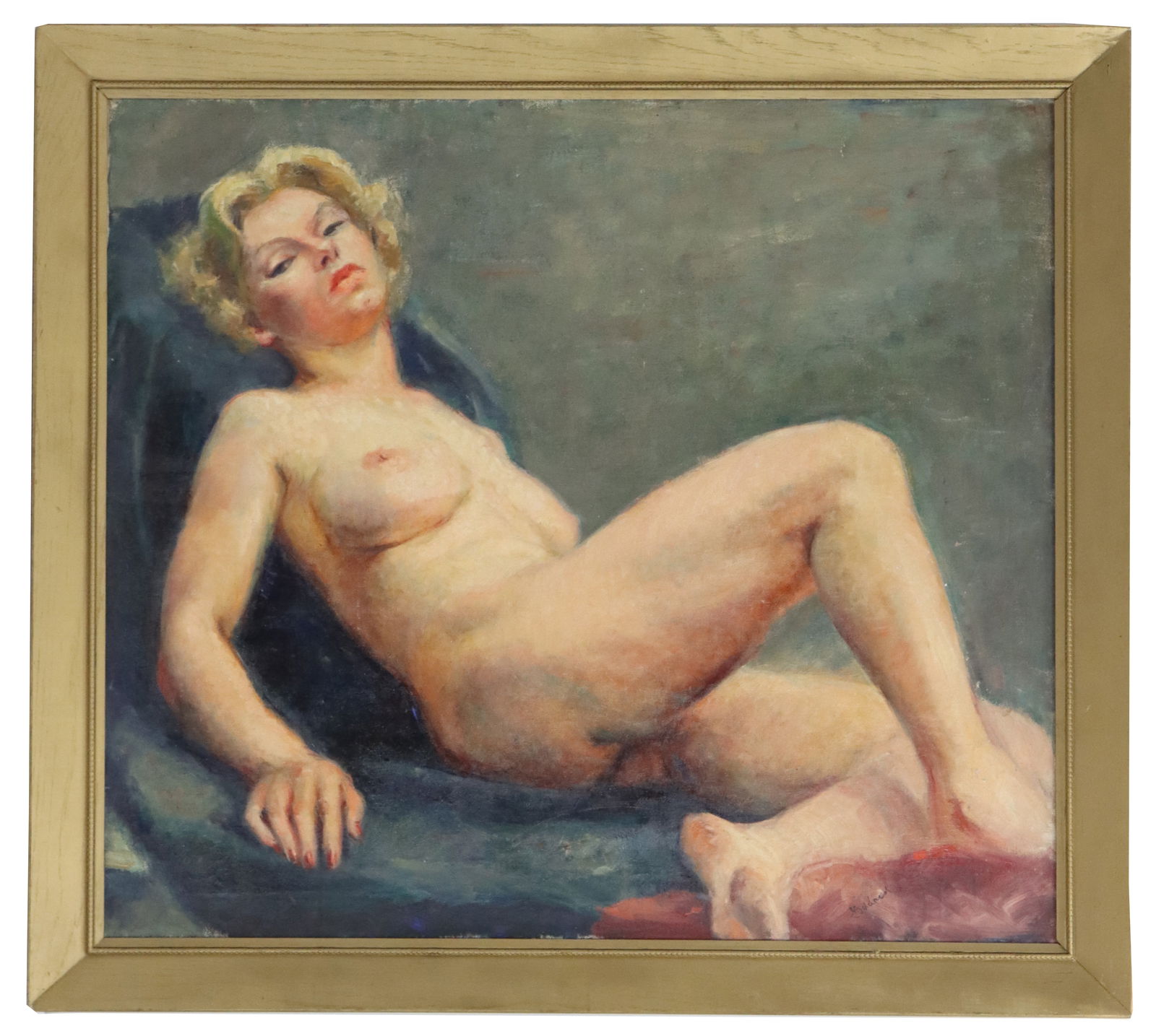 Vivian Goddard (1904-2005) American, Oil on Canvas, "Reclining Nude": Vivian Goddard (1904-2005) American, Oil on Canvas, "Reclining Nude". Painting of a Nude Woman at Rest. Signed lower right. Label and title on reverse. Overall Size: 38 1/2 x 35