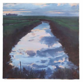 Vintage Oil on Canvas Florida Marsh Scene with Clouds Reflecting in the Water