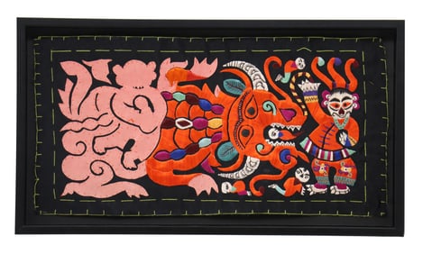 Chinese Embroidered Silk Textile in Contemporary Ebonized Frame