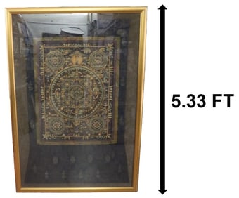 Framed Tibetan Silk Thangka on Embroidered Fabric Background