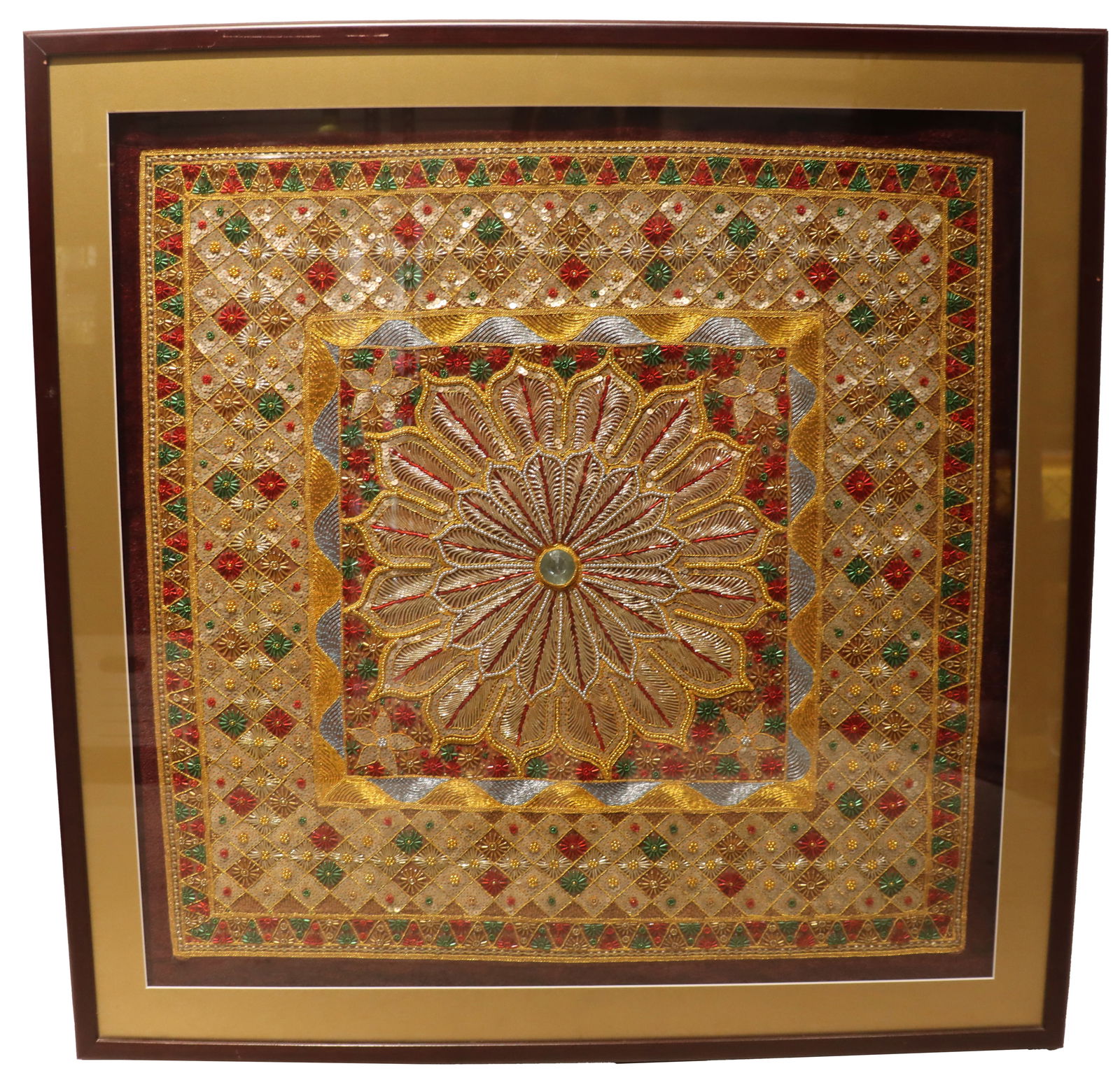 Framed Burmese Kalaga Embroidered Square Textile: Framed Burmese Kalaga Embroidered Square Textile. Beautifully purely geometric shapes with heavy use of red, green, gold, and silver hues. "Mandalay, Myanmar (Burma) 11/00" written on the ba