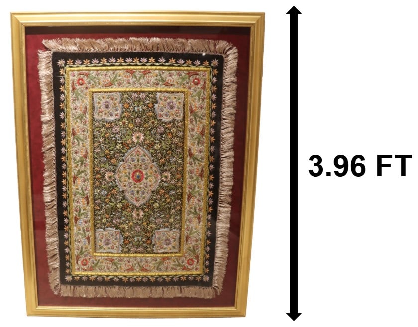 Framed Embroidered Indian Kalaga in the Style of a Rug: Framed Embroidered Indian Kalaga in the Style of a Rug. Thousands of intricate details make up floral patterns and vine and leaf shapes, complimented by small beads, sequins, and a silken fringe edge