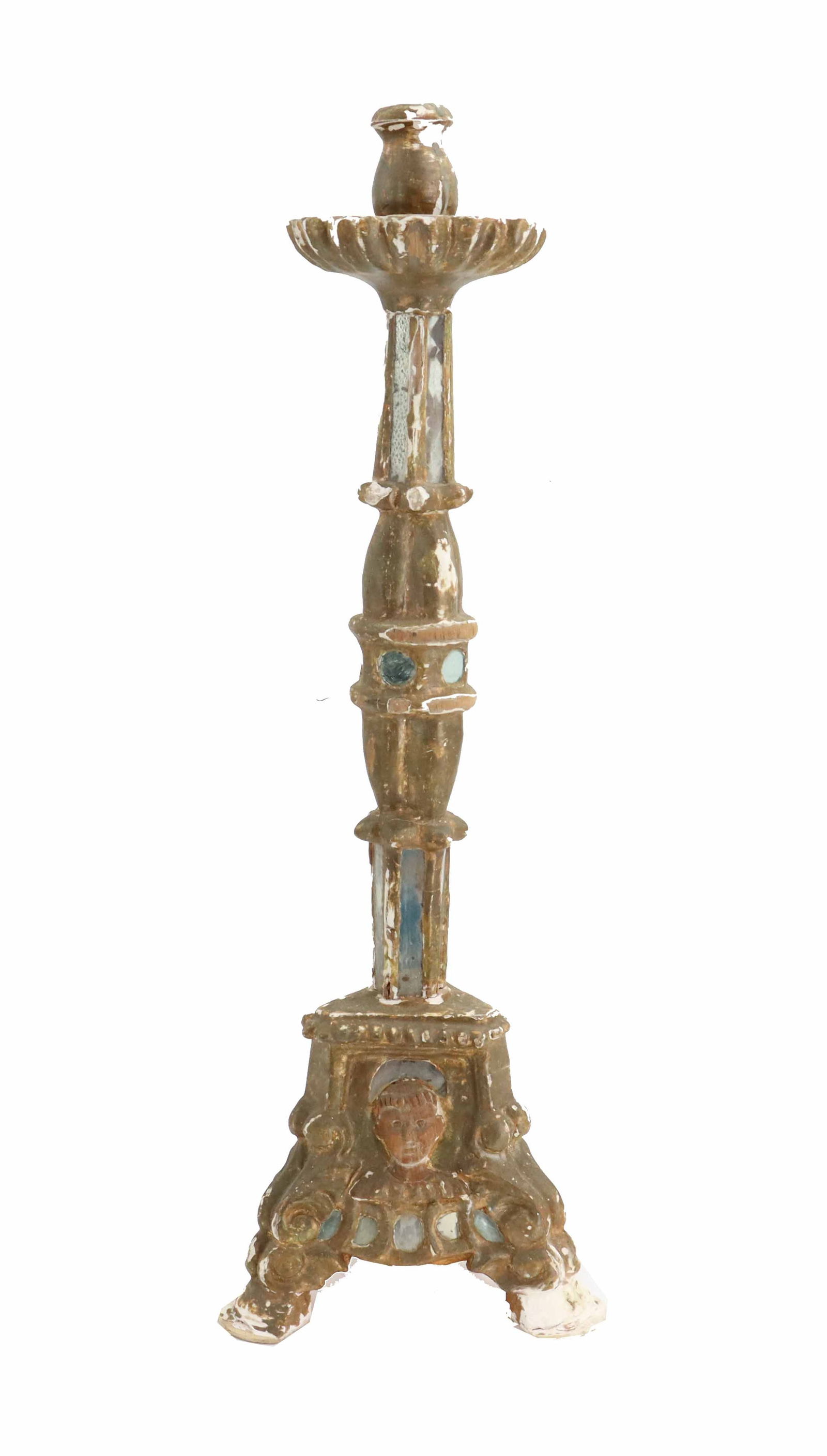 Spanish Colonial Antique Giltwood and Mirrored Glass Candlestick: Spanish Colonial Antique Giltwood and Mirrored Glass Candlestick. Size: 9 1/2 x 9 1/2 x 28 1/2 in. 