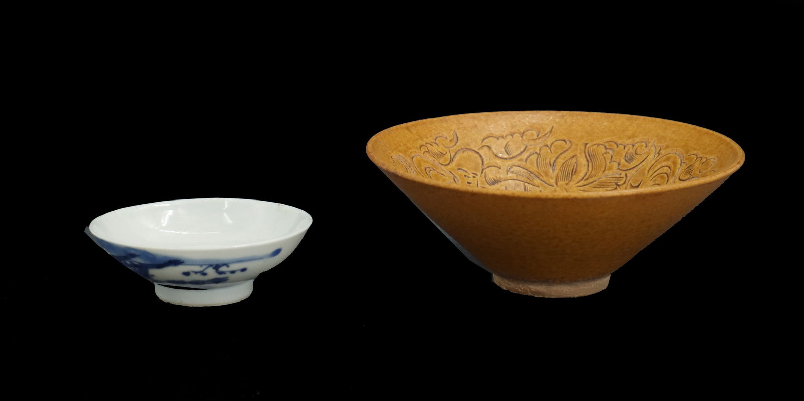 (2) Chinese Serveware, Small Dish and Bowl: (2) Chinese Serveware, Small Dish and Bowl. Pairing of two distinct small bowls, one being a simple, polished white porcelain or ceramic bowl with smooth sides and a high sheen. The larger piece is a