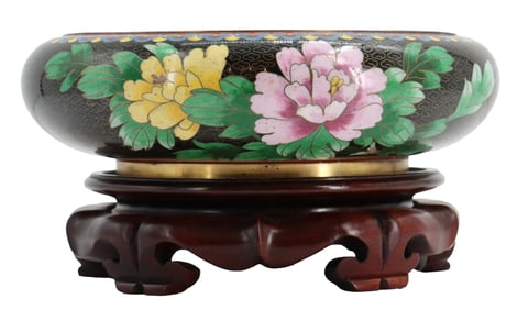 Chinese Cloisonne Enamel Bowl on Carved Wooden Stand