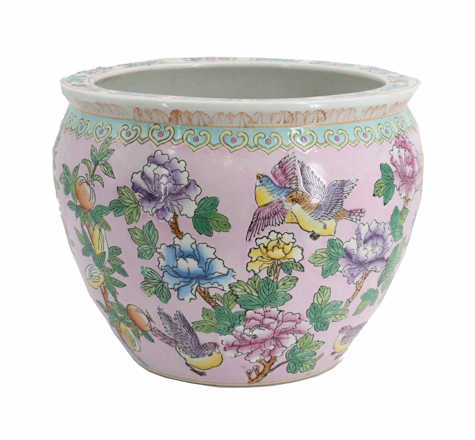 Late 20th Century Chinese Ceramic Fish Bowl: Late 20th Century Chinese Ceramic Fish Bowl. This large, ceramic fishbowl features a vibrant pink ground decorated with a "famille rose" palette of blooming peonies and birds in flight.